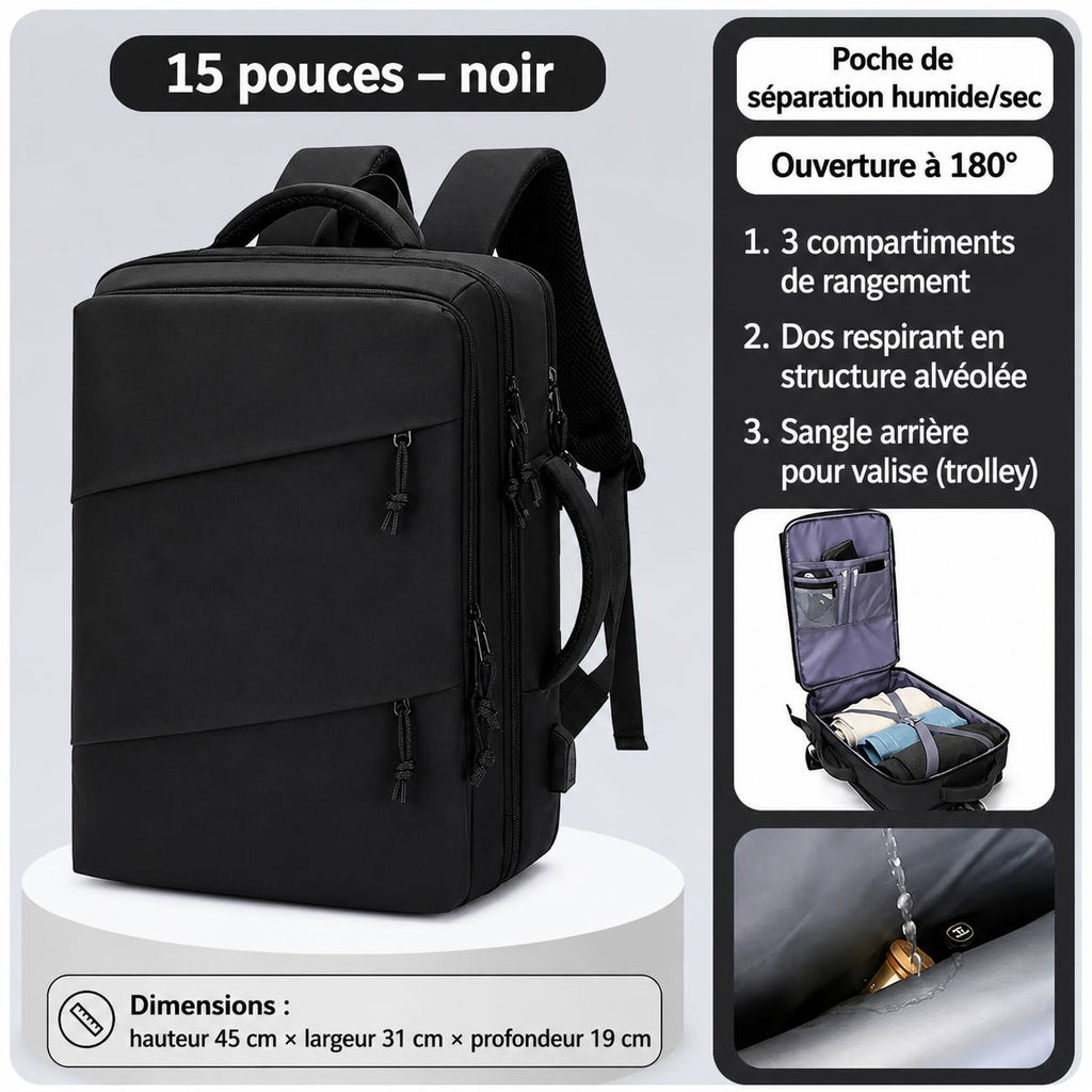 Sac à Dos Multifonction Imperméable – Ordinateur 15,6 Pouces, Ouverture 180°, Grande Capacité | Voyage, Travail & École
