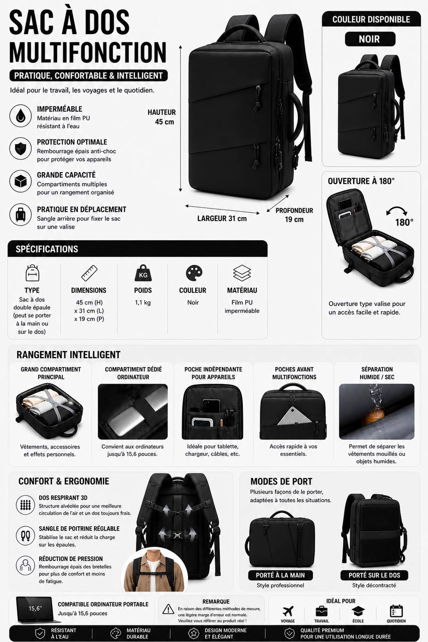 Sac à Dos Multifonction Imperméable – Ordinateur 15,6 Pouces, Ouverture 180°, Grande Capacité | Voyage, Travail & École